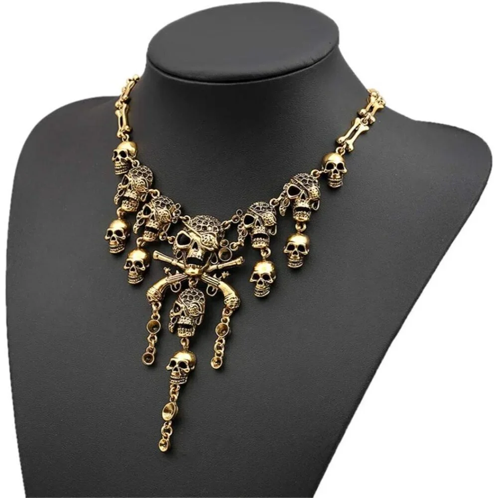 Jewelry Metal Gold Skull Necklace Earrings Set Women Halloween Party Gift